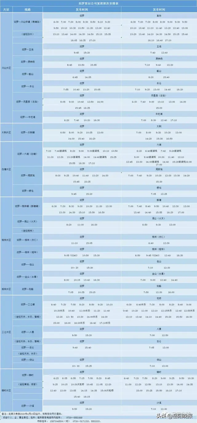 转发扩散！岳阳汨罗客运时刻表及路线大全